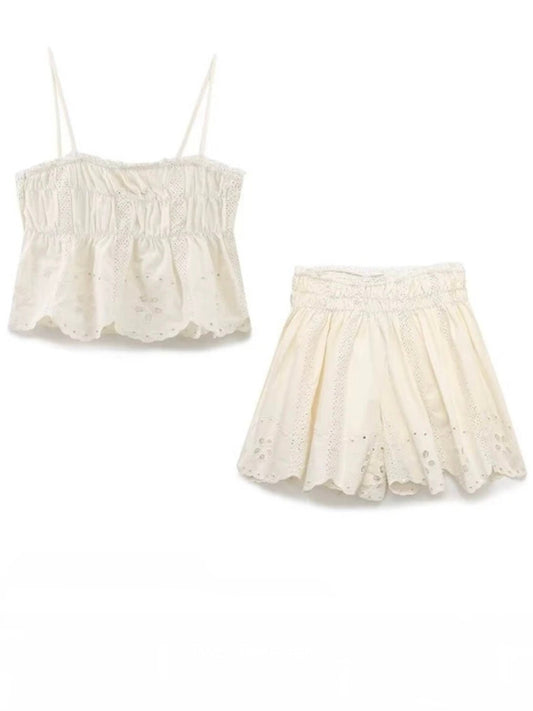 Beige lace set of 2 shirt and shorts pants - Wapas