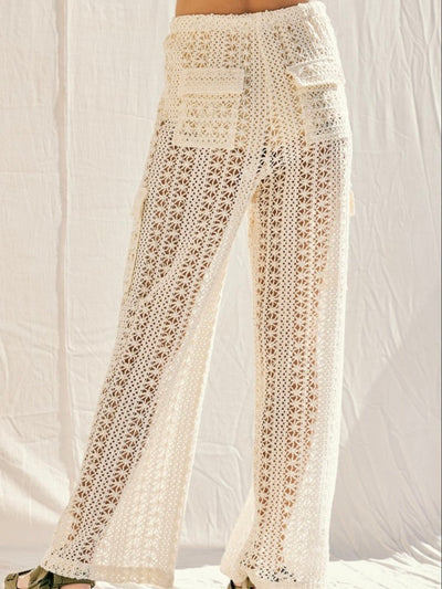 Beige natural crochet wide pants side pockets - Wapas