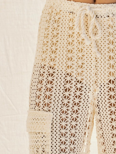 Beige natural crochet wide pants side pockets - Wapas