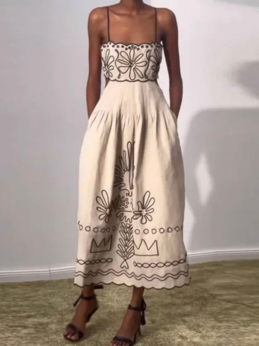 Beige with black embroidered details maxi dress - Wapas