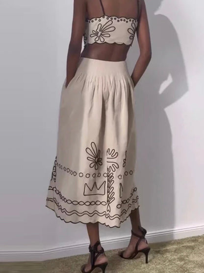 Beige with black embroidered details maxi dress - Wapas