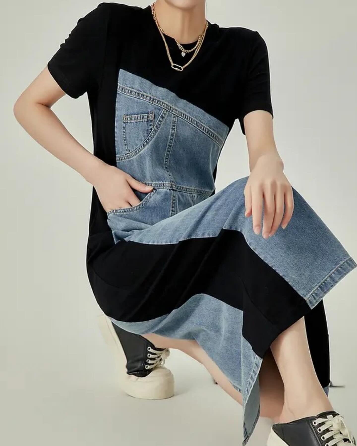 Black and denim asymmetrical sleeveless midi dress - Wapas