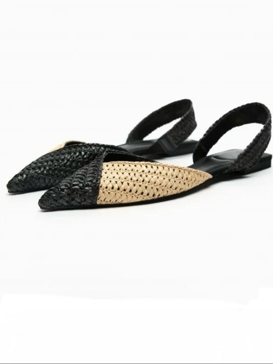 Black and natural straw slingshot flats shoes - Wapas