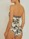 Black and off white animals printed strapless tube one piece swimsuit - Wapas