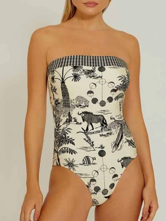 Black and off white animals printed strapless tube one piece swimsuit - Wapas