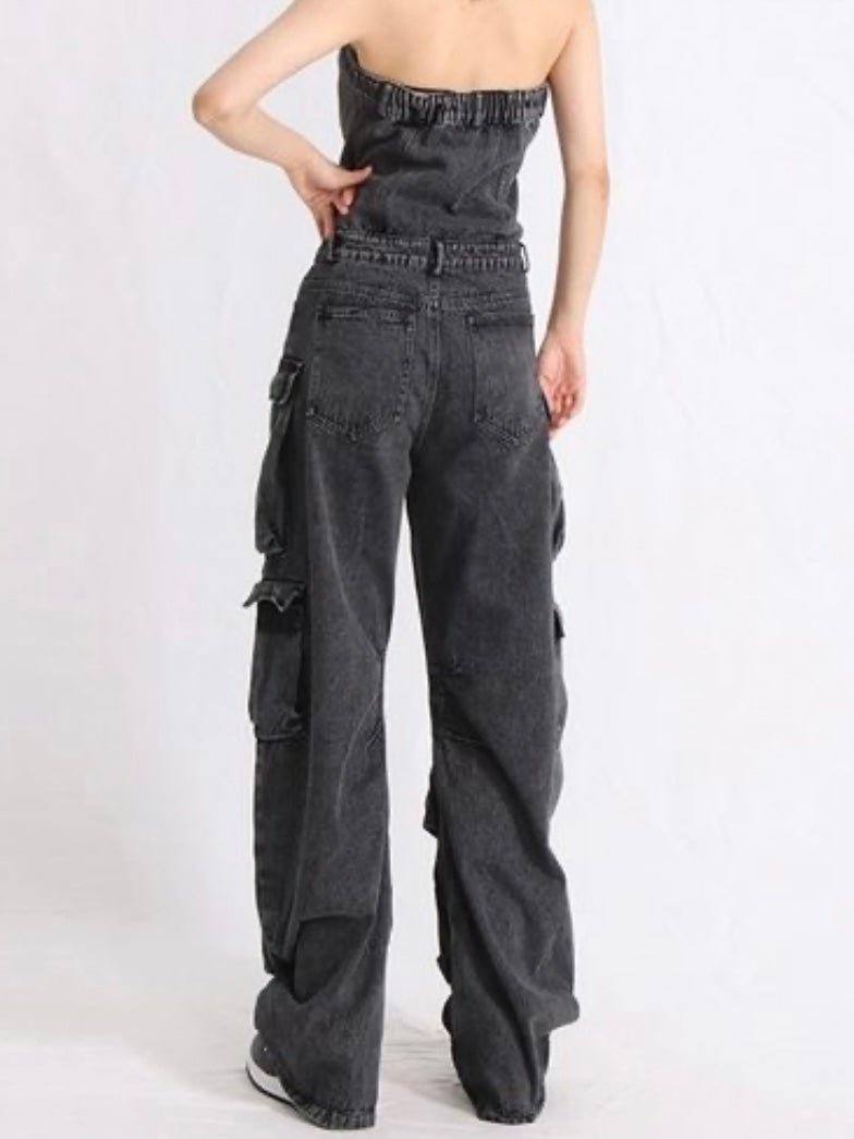 Black denim strapless cargo jumper - Wapas