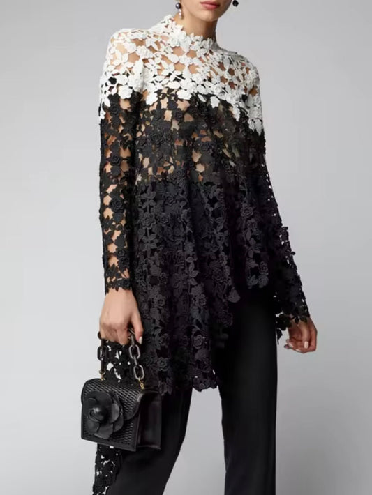 Black eyelet lace long sleeves top - Wapas