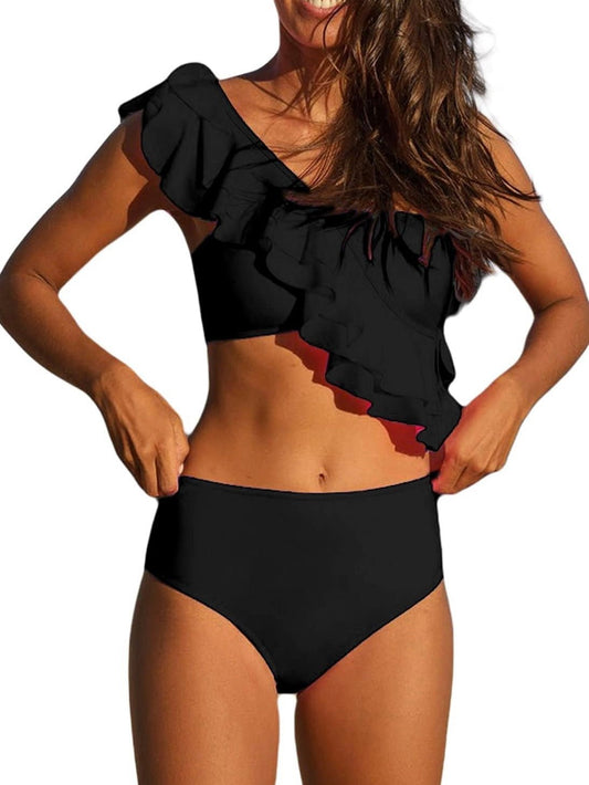 Black one shoulder top / high rise bottom bikini - Wapas