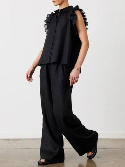 Black set of 2 ruffled shirt and pants - Wapas