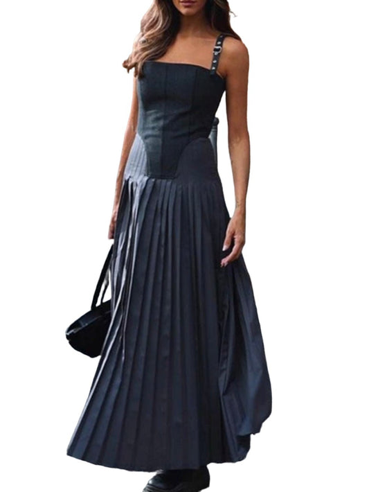 Black straps tube pleaded maxi dress - Wapas