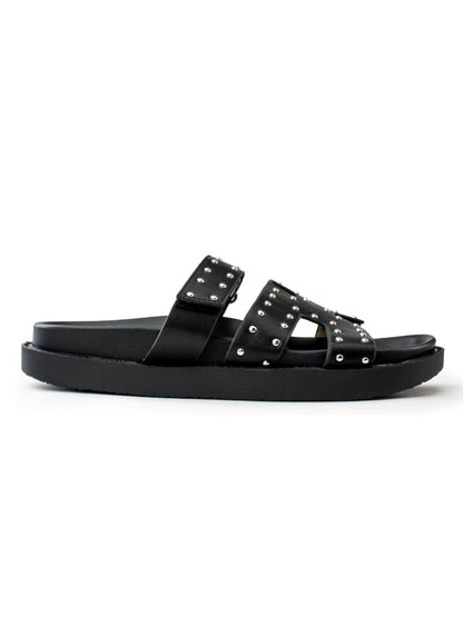 Black studded two straps flat slides sandals - Wapas