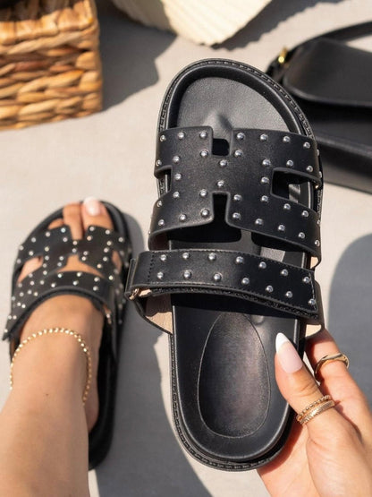 Black studded two straps flat slides sandals - Wapas