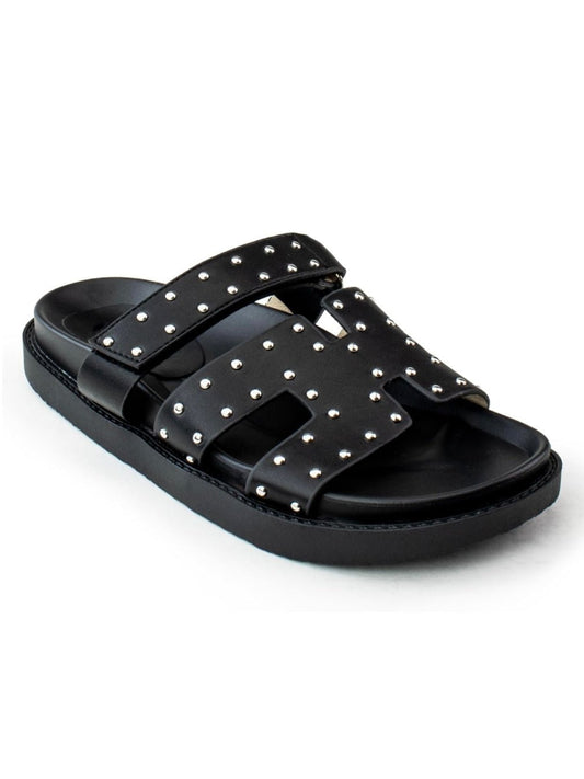 Black studded two straps flat slides sandals - Wapas