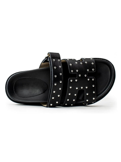 Black studded two straps flat slides sandals - Wapas