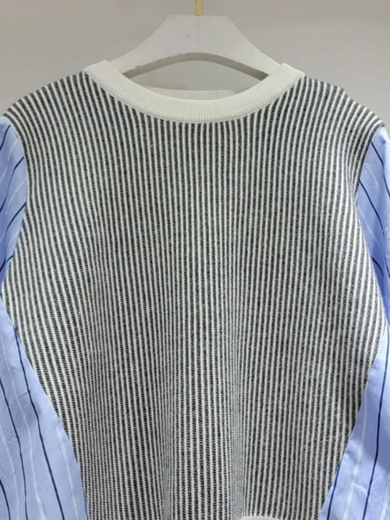 Blue and black striped asymmetric mix fabrics top sweater - Wapas