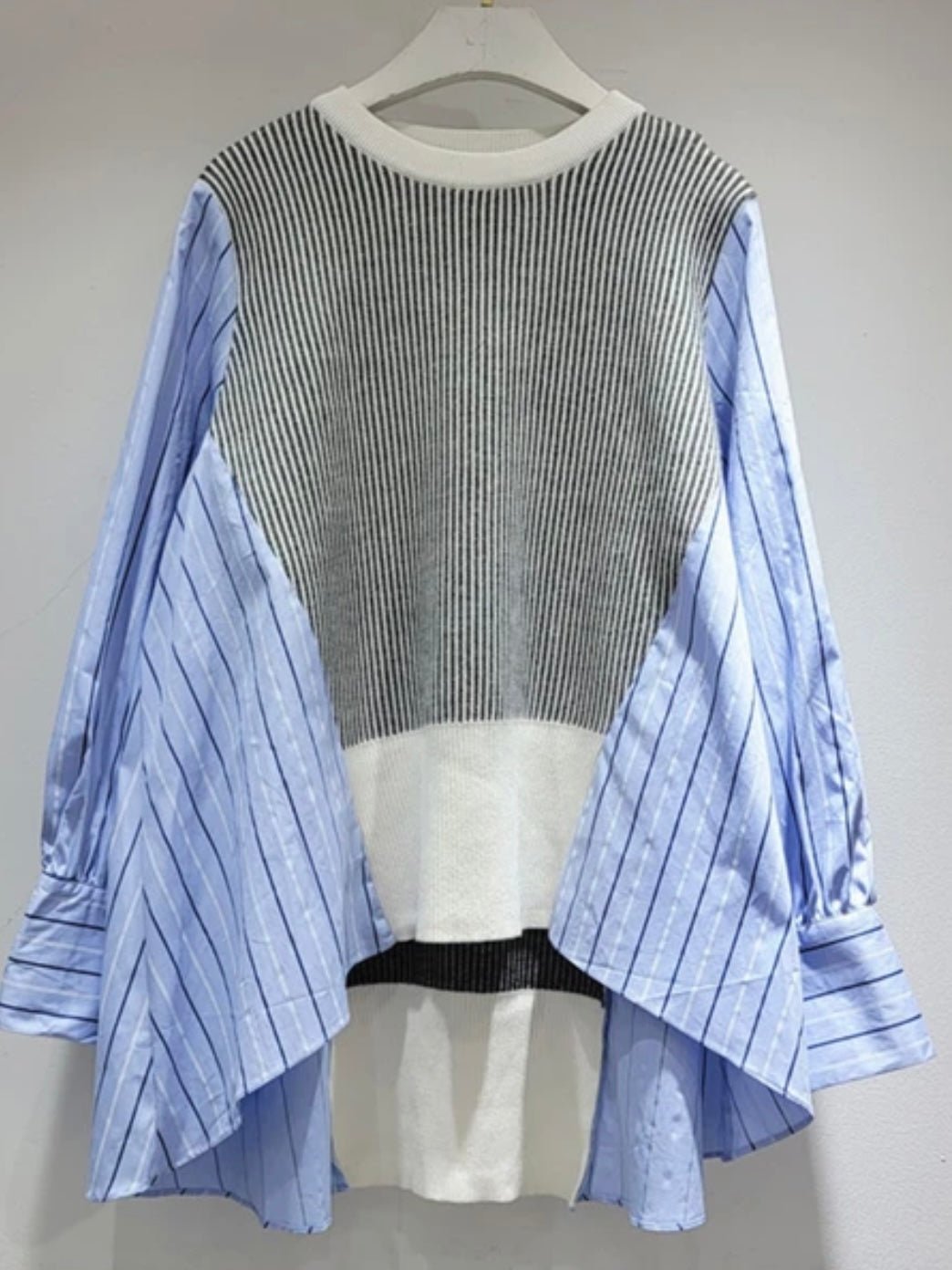 Blue and black striped asymmetric mix fabrics top sweater - Wapas