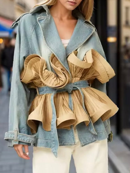 Blue and brown coffee jeans ruffled mix fabrics jacket coat - Wapas