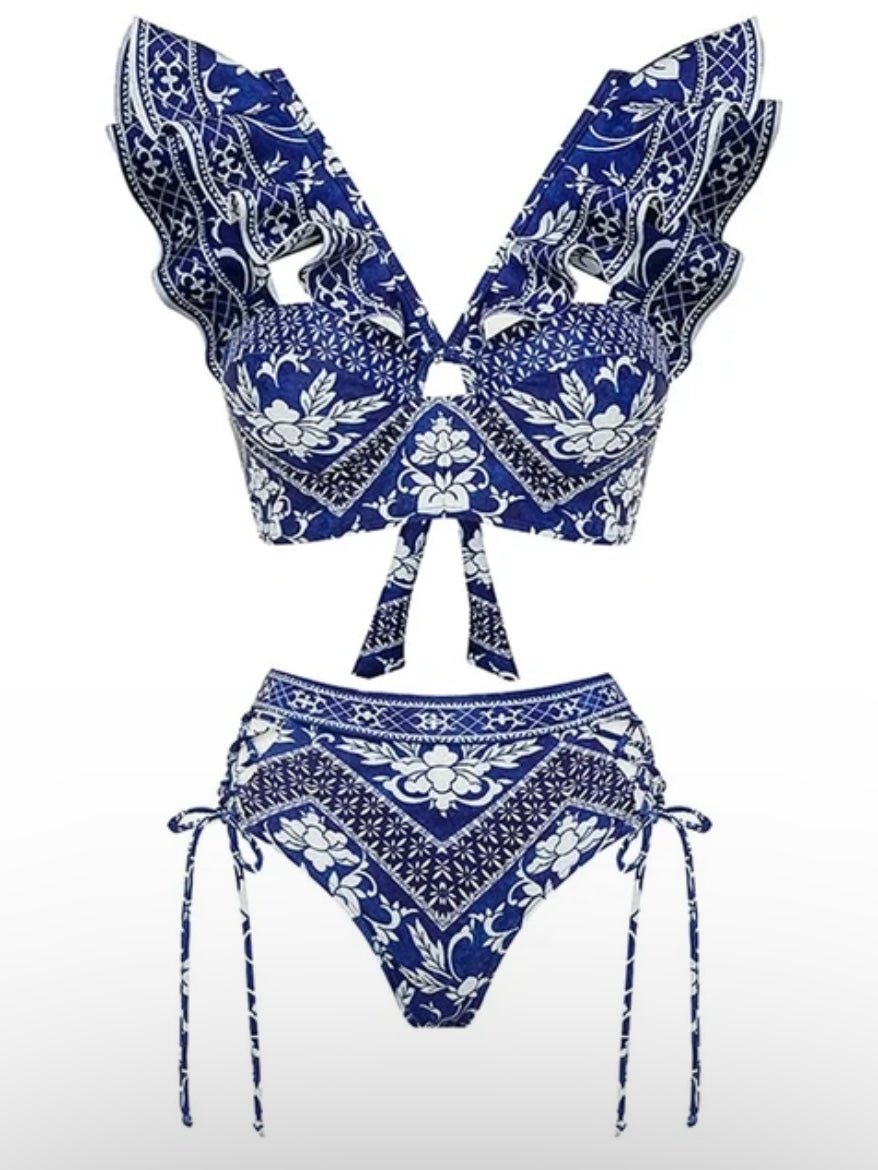 Blue and white floral ruffles top / bottom bikini - Wapas