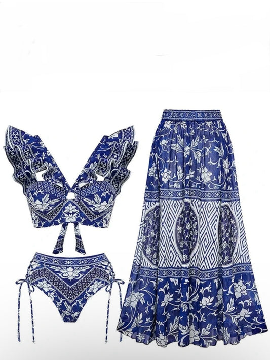 Blue and white floral ruffles top / bottom bikini - Wapas