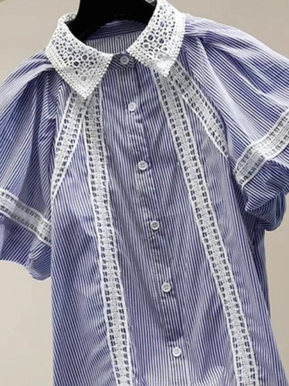 Blue and white striped V - neckline mix fabrics shirt - Wapas