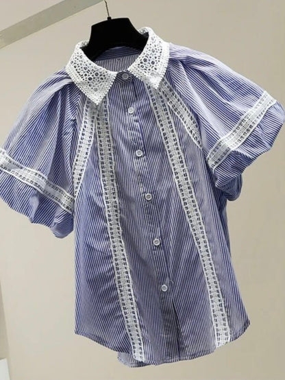 Blue and white striped V - neckline mix fabrics shirt - Wapas