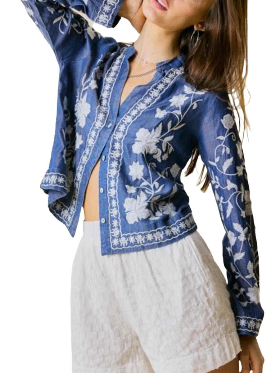 Blue flowers embroidery shirt - Wapas