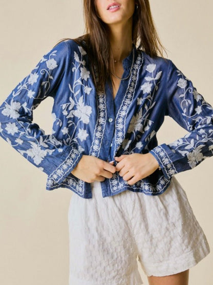 Blue flowers embroidery shirt - Wapas