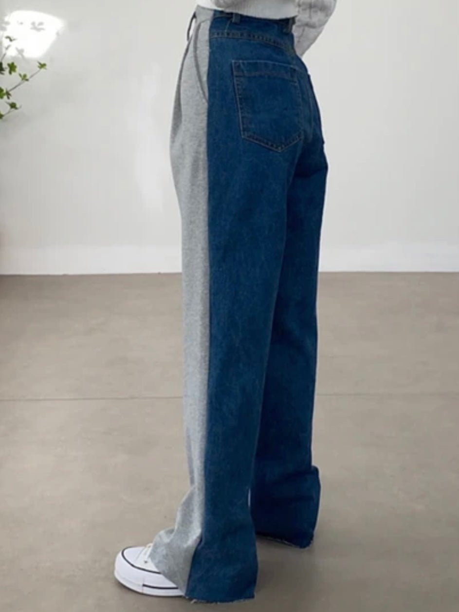 Blue jeans and gray front and back mix fabrics pants - Wapas