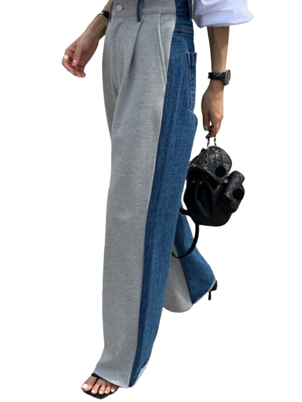 Blue jeans and gray front and back mix fabrics pants - Wapas