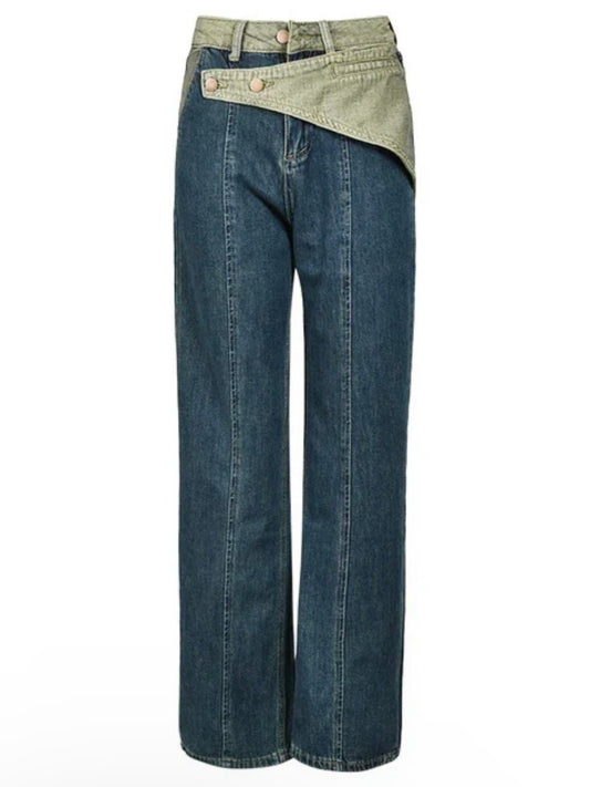 Blue jeans and green crossed strap straight pants - Wapas