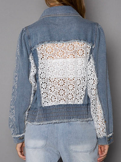 Blue jeans and white flowers crochet lace raw hem jacket - Wapas