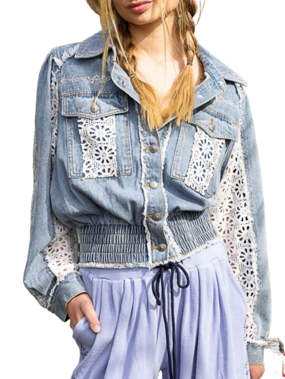 Blue jeans and white flowers crochet lace raw hem jacket - Wapas