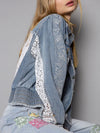 Blue jeans and white flowers crochet lace raw hem jacket - Wapas