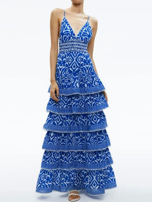 Blue printed layered ruffled maxi dress - Wapas