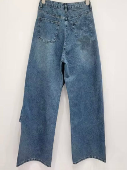 Blue washed crossed front asymmetrical jeans pants - Wapas