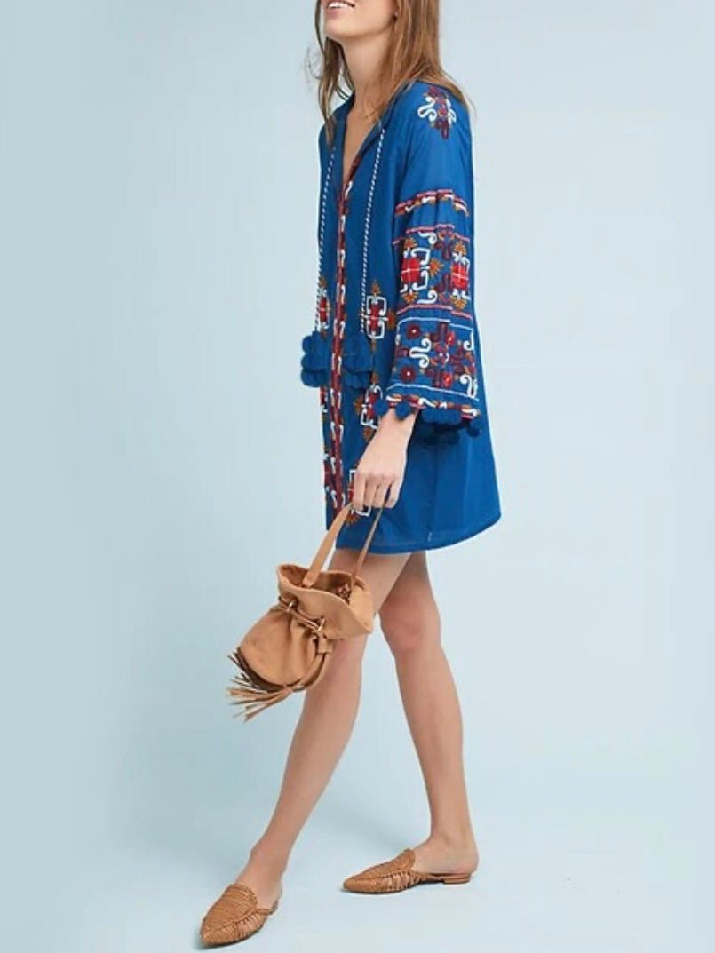 Bright blue embroidery long sleeve mini dress - Wapas