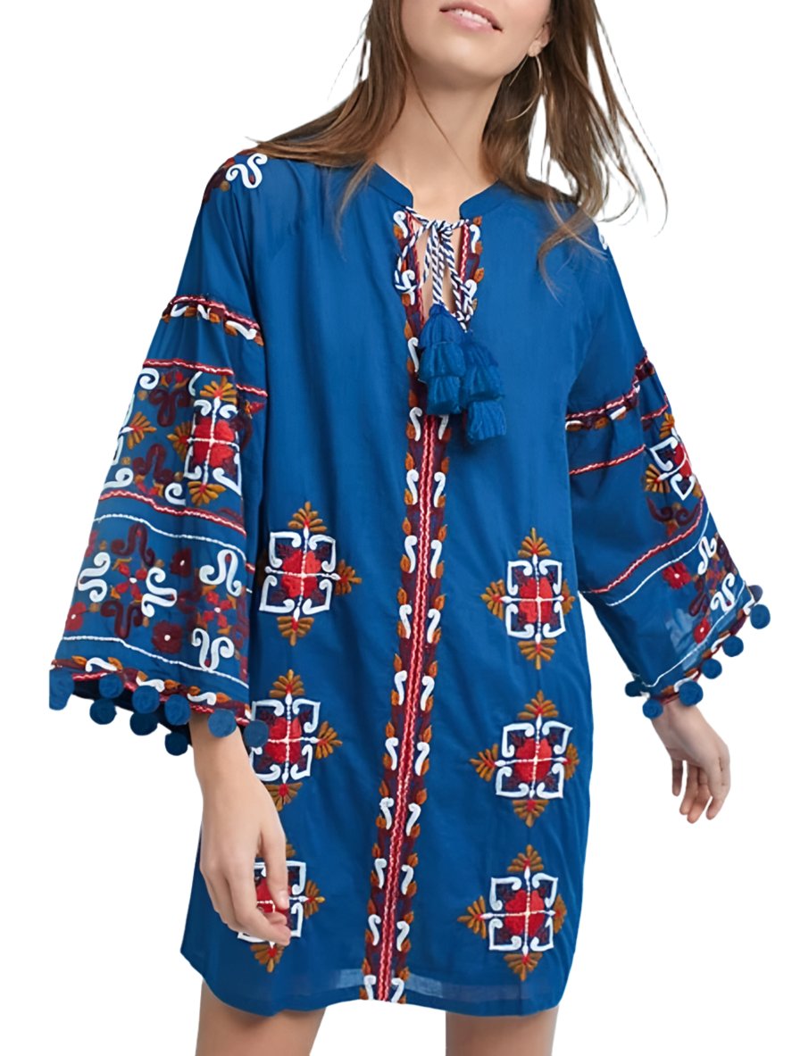 Bright blue embroidery long sleeve mini dress - Wapas