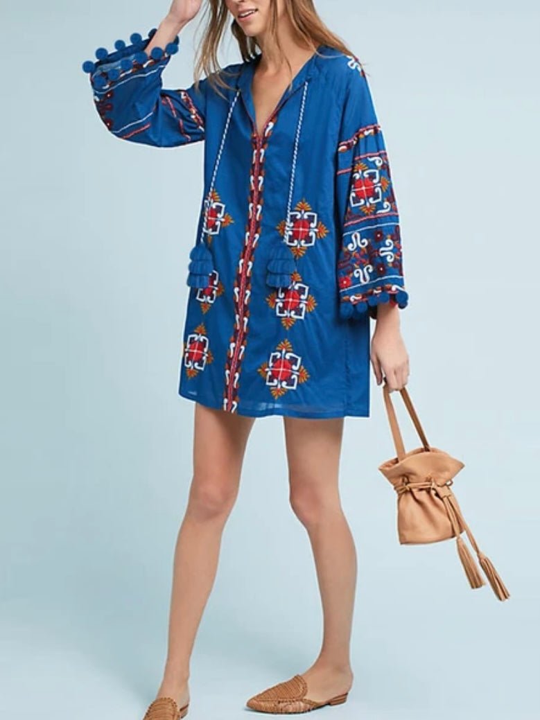 Bright blue embroidery long sleeve mini dress - Wapas