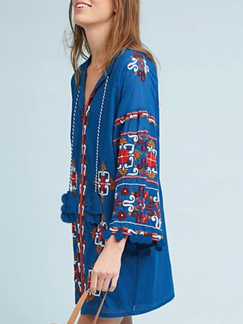 Bright blue embroidery long sleeve mini dress - Wapas