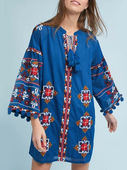 Bright blue embroidery long sleeve mini dress - Wapas