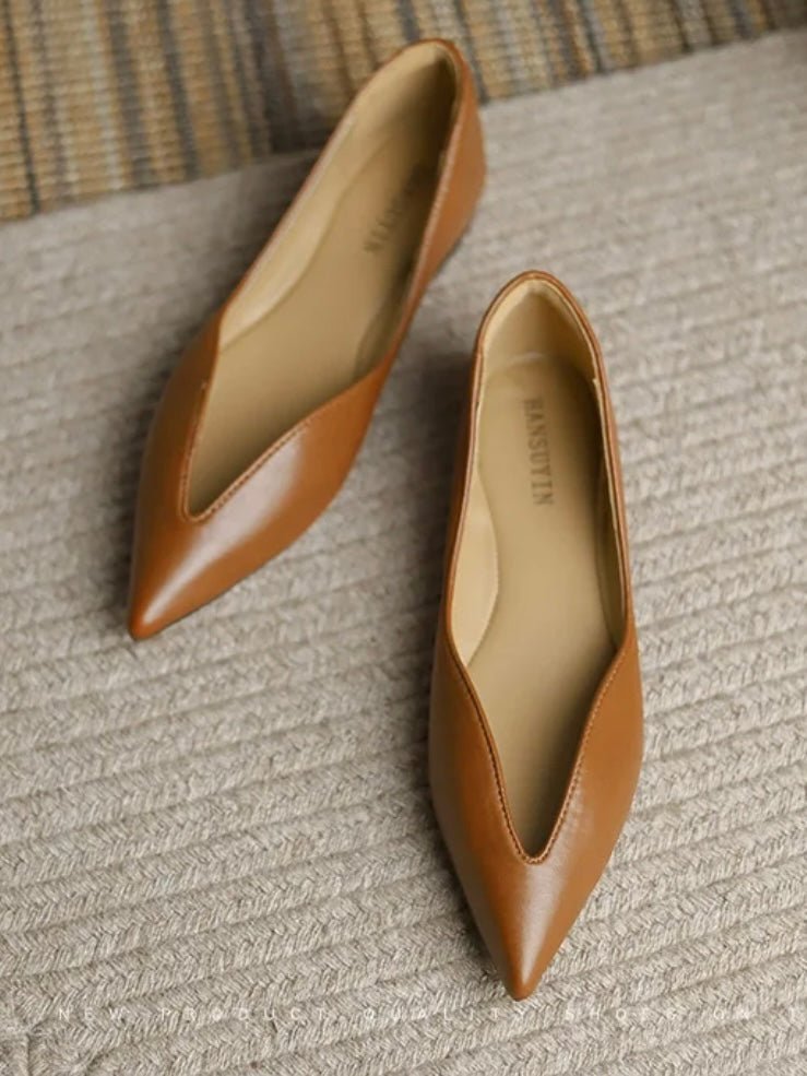 Brown caramel slip on pointed flats shoes - Wapas