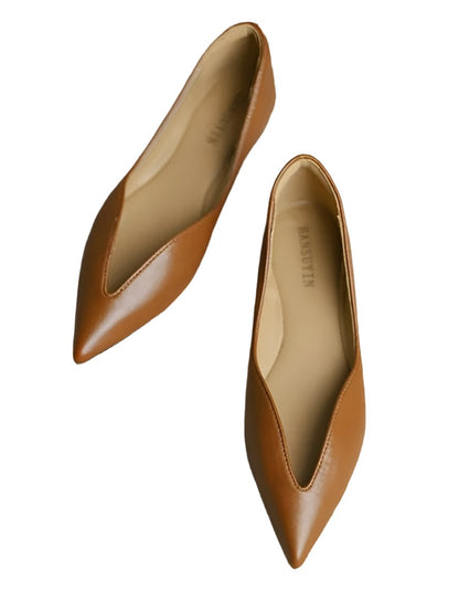 Brown caramel slip on pointed flats shoes - Wapas