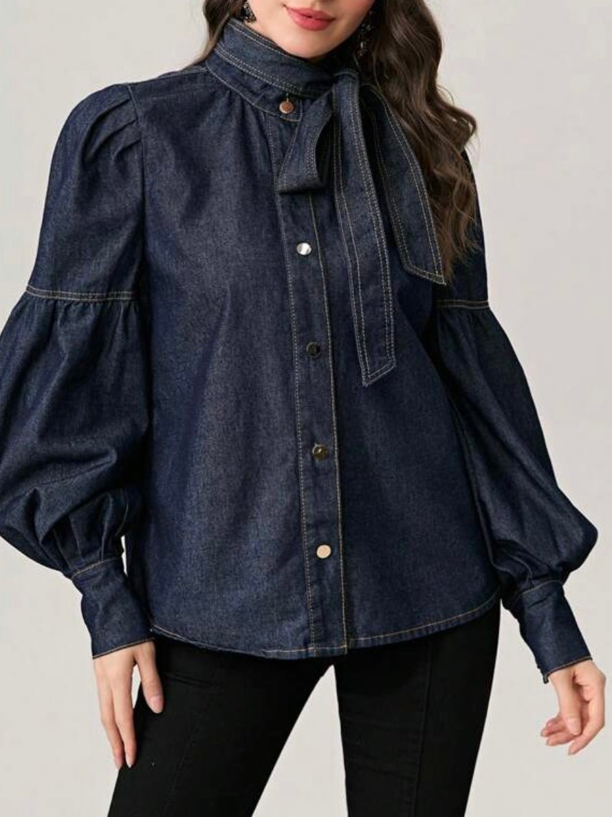 Dark blue denim lantern sleeves shirt - Wapas