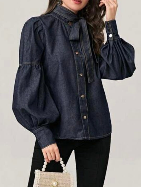 Dark blue denim lantern sleeves shirt - Wapas