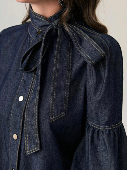 Dark blue denim lantern sleeves shirt - Wapas