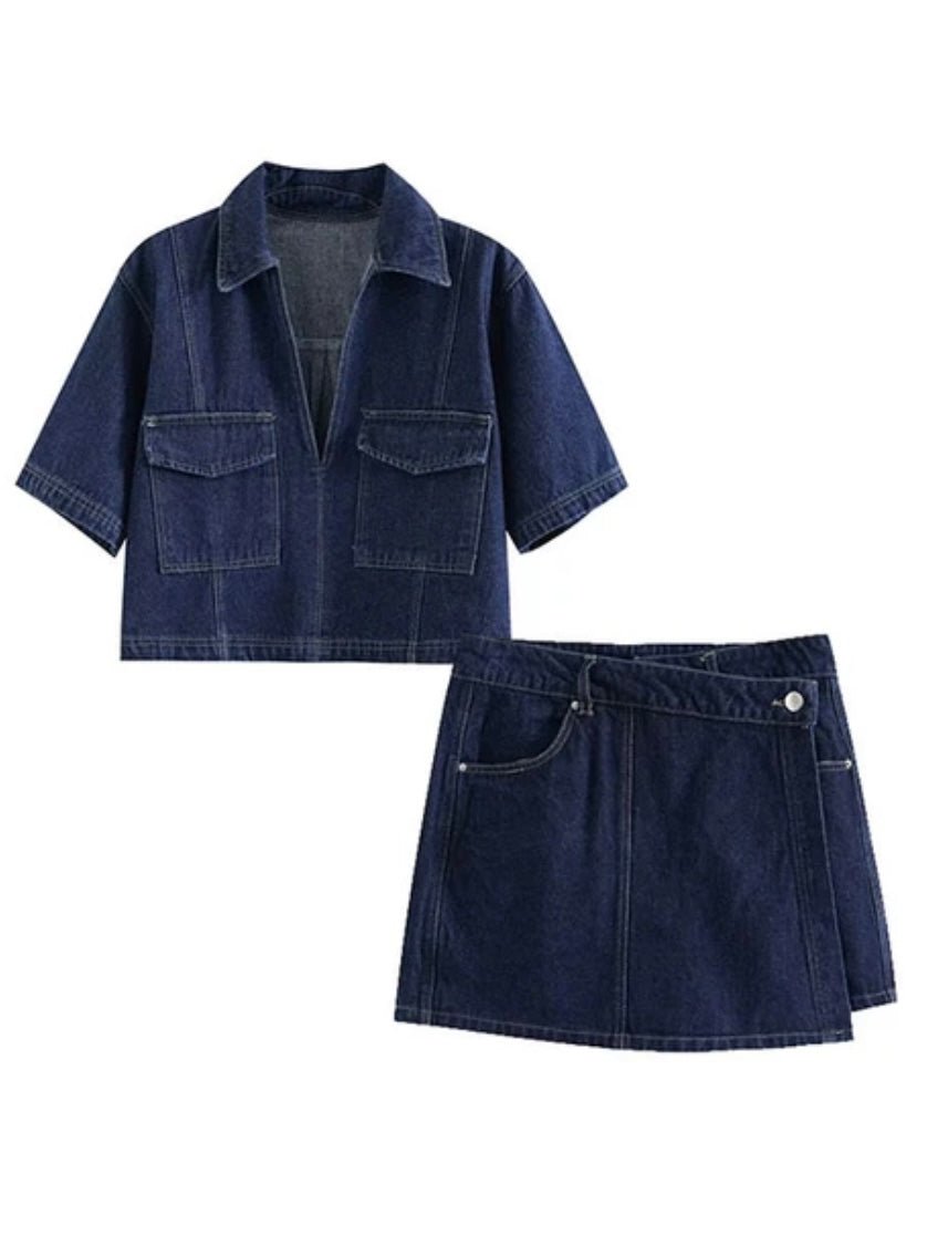 Dark blue denim set of 2 shirt and shorts pants - Wapas