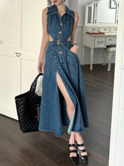 Dark blue jeans sleeveless maxi dress - Wapas