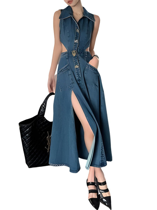 Dark blue jeans sleeveless maxi dress - Wapas