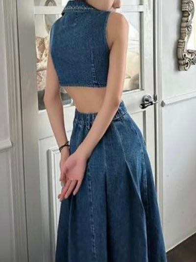 Dark blue jeans sleeveless maxi dress - Wapas