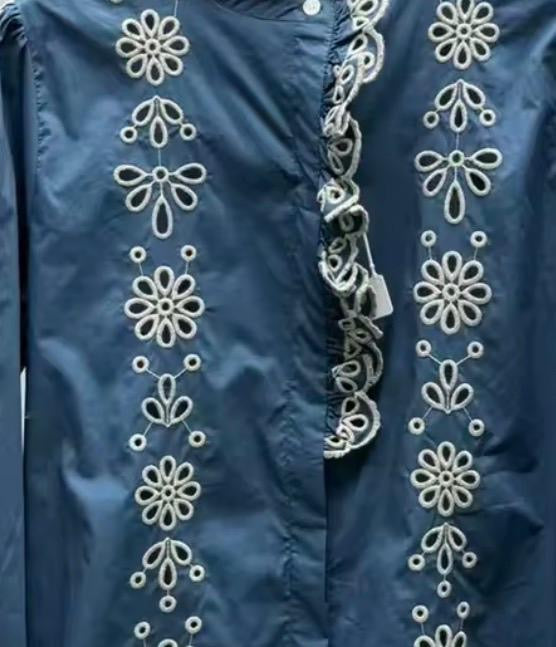 Blue and white floral embroidered cutout detail sleeves shirt)